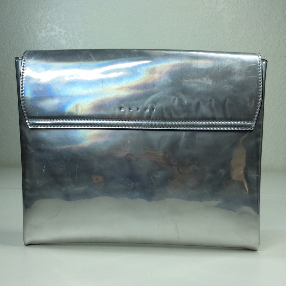 Marni Leather Shoulder Bag Clutch Pouchette One Ribbon Motif Enamel Gray Yo19 - Picture 2 of 10